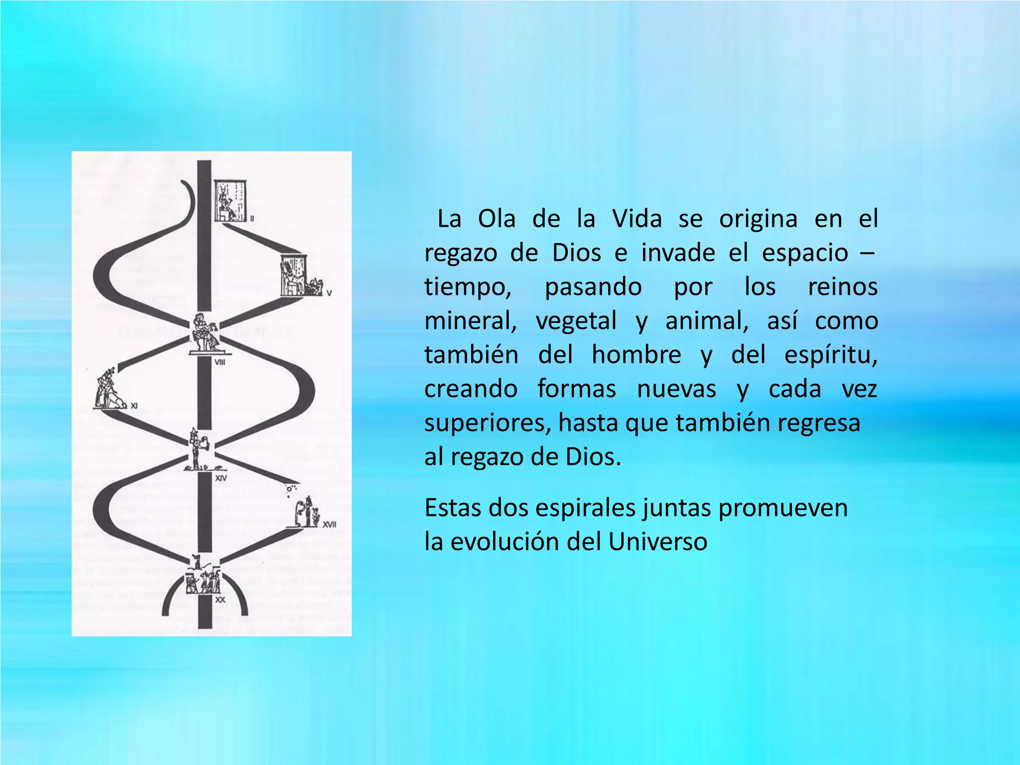 La Ola de la Vida se origina en el
regazo de Dios e invade el espacio –
tiempo,
mineral,
también
creando
pasando por los reinos
vegetal y animal, así como
espíritu,del hombre y del
formas nuevas y cada vez
superiores, hasta que también regresa
al regazo de Dios.
Estas dos espirales juntas promueven
la evolución del Universo
 
