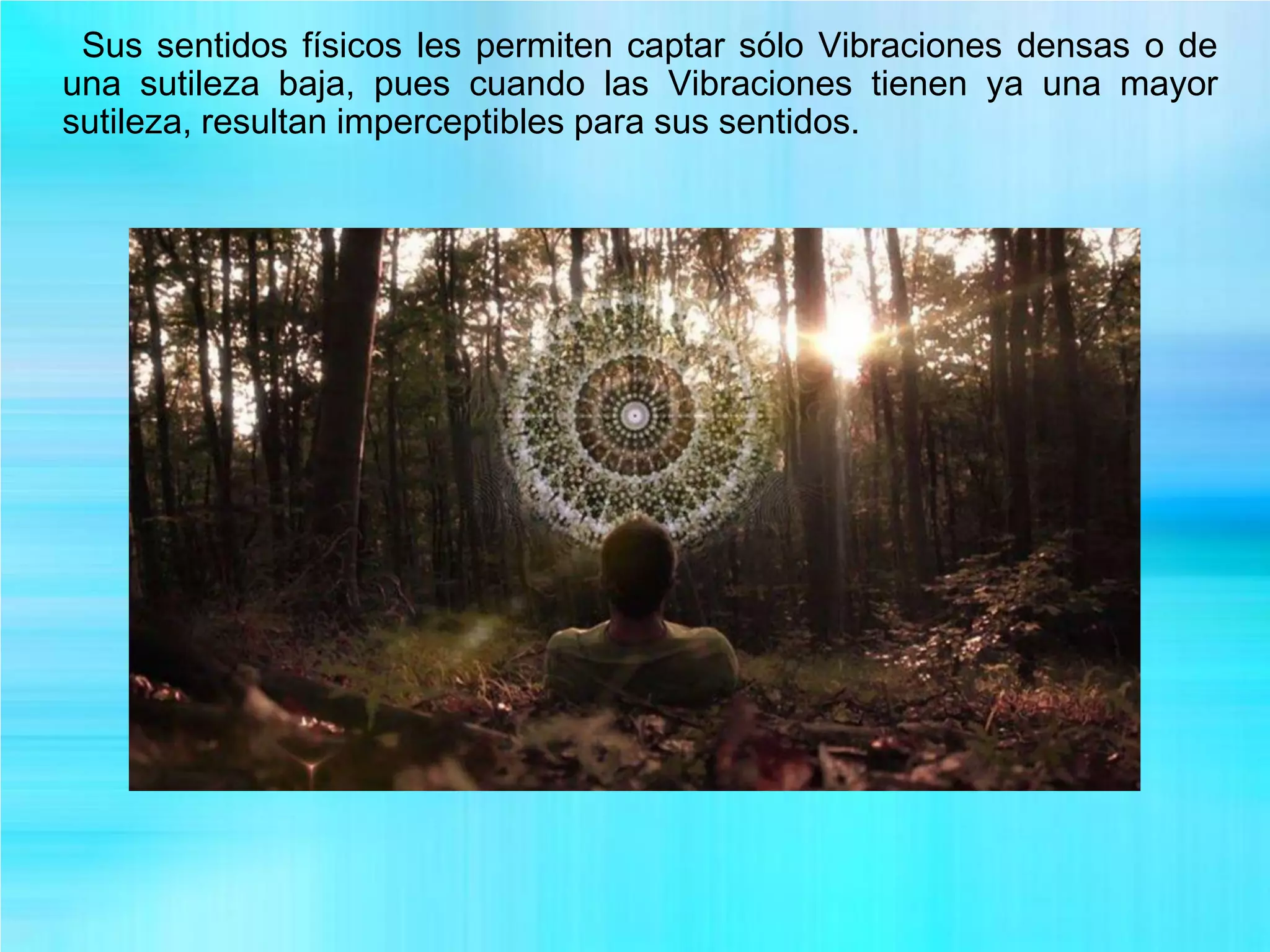 Sus sentidos físicos les permiten captar sólo Vibraciones densas o de
una sutileza baja, pues cuando las Vibraciones tienen ya una mayor
sutileza, resultan imperceptibles para sus sentidos.
 