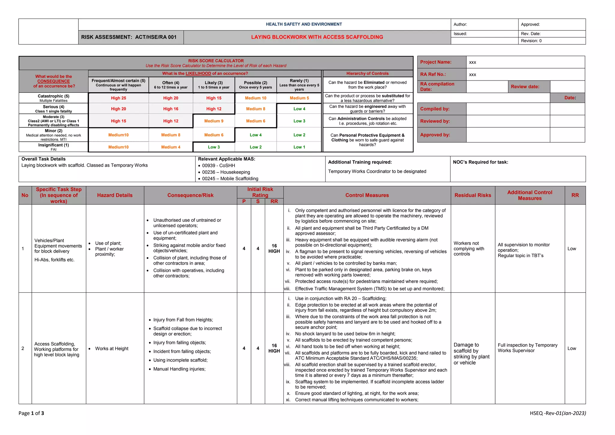 18 Laying blockwork with access scaffolding Risk Assessment Templates.docx