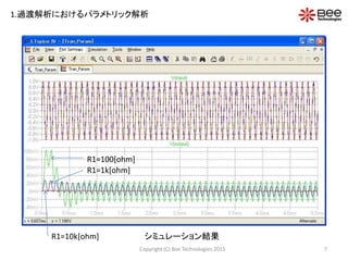 7Copyright (C) Bee Technologies 2015
1.過渡解析におけるパラメトリック解析
シミュレーション結果
R1=100[ohm]
R1=1k[ohm]
R1=10k[ohm]
 
