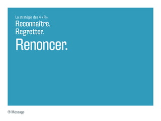 La stratégie des 4 « R ».

  Reconnaître.
  Regretter.
  Renoncer.



Message
 