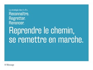 La stratégie des 4 « R ».

  Reconnaître.
  Regretter.
  Renoncer.
  Reprendre le chemin,
  se remettre en marche.

Message
 