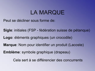 LA MARQUE
Peut se décliner sous forme de:
Sigle: initiales (FSP - fédération suisse de pétanque)
Logo: éléments graphiques (un crocodile)
Marque: Nom pour identifier un produit (Lacoste)
Emblème: symbole graphique (drapeau)
Cela sert à se différencier des concurrents
 