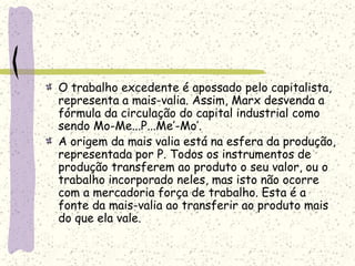 O trabalho excedente é apossado pelo capitalista,
representa a mais-valia. Assim, Marx desvenda a
fórmula da circulação do capital industrial como
sendo Mo-Me...P...Me’-Mo’.
A origem da mais valia está na esfera da produção,
representada por P. Todos os instrumentos de
produção transferem ao produto o seu valor, ou o
trabalho incorporado neles, mas isto não ocorre
com a mercadoria força de trabalho. Esta é a
fonte da mais-valia ao transferir ao produto mais
do que ela vale.
 