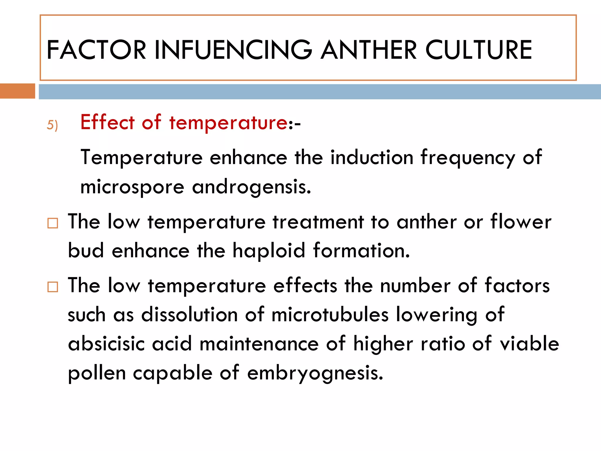 FACTOR INFUENCING ANTHER CULTURE
5) Effect of temperature:-
Temperature enhance the induction frequency of
microspore androgensis.
 The low temperature treatment to anther or flower
bud enhance the haploid formation.
 The low temperature effects the number of factors
such as dissolution of microtubules lowering of
absicisic acid maintenance of higher ratio of viable
pollen capable of embryognesis.
 
