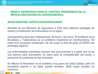 MESA 3: ESTRATEGIA PARA EL CONTROL PROGRESIVO DE LA
BRUCELOSIS BOVINA EN CENTROAMERICA.
ANTECEDENTES/ JUSTIFICACION/DISCUSION:
Mandato de los Ministros de Agricultura a FAO para elaborar estrategia de
control y erradicación de la Brucelosis en la región.
Centroamérica tiene dos Federaciones, de leche y de carne. El problema de la
Brucelosis y Tuberculosis es un problema importante en Centroamérica. De
nada sirve proyectos unilaterales, de allí surge la idea de pedir al CIRSA una
estrategia regional.
Las enfermedades zoonóticas siempre han sido prioridad y a pesar que no es
una barrera para arancelaria, es clave para la competitividad del sector y
posicionar los productos en los mercados.
En México la Brucelosis es el problema muy grave de salud pública, pero en
brucelosis caprina y no debe quedar olvidada. 2500 casos anuales en
humanos.

 