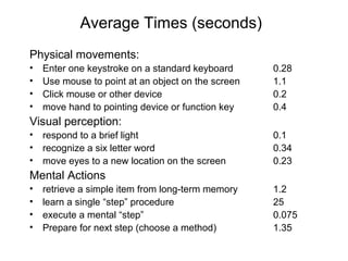 Average Times (seconds)
Physical movements:
• Enter one keystroke on a standard keyboard 0.28
• Use mouse to point at an object on the screen 1.1
• Click mouse or other device 0.2
• move hand to pointing device or function key 0.4
Visual perception:
• respond to a brief light 0.1
• recognize a six letter word 0.34
• move eyes to a new location on the screen 0.23
Mental Actions
• retrieve a simple item from long-term memory 1.2
• learn a single “step” procedure 25
• execute a mental “step” 0.075
• Prepare for next step (choose a method) 1.35
 