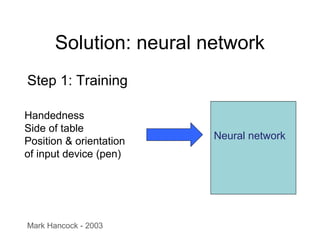Solution: neural network
Step 1: Training
Handedness
Side of table
Position & orientation
of input device (pen)
Neural network
Mark Hancock - 2003
 