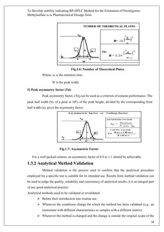 To Develop stability indicating RP-HPLC Method for the Estimation of Neostigmine
Methylsulfate in its Pharmaceutical Dosage form.
18
Fig.1.6: Number of Theoretical Plates
Where, tR is the retention time.
W is the peak width.
5) Peak asymmetry factor (Tf):
Peak asymmetry factor, (Tf) can be used as a criterion of column performance. The
peak half width (b), of a peak at 10% of the peak height, divided by the corresponding front
half width (a), gives the asymmetry factor.
Fig.1.7: Asymmetric Factor
For a well packed column, an asymmetry factor of 0.9 to 1.1 should be achievable.
1.3.2 Analytical Method Validation
Method validation is the process used to confirm that the analytical procedure
employed for a specific test is suitable for its intended use. Results from method validation can
be used to judge the quality, reliability and consistency of analytical results; it is an integral part
of any good analytical practice.
Analytical methods need to be validated or revalidated.
➢ Before their introduction into routine use.
➢ Whenever the conditions change for which the method has been validated (e.g., an
instrument with different characteristics or samples with a different matrix).
➢ Whenever the method is changed and the change is outside the original scope of the
 