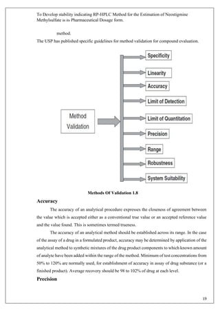 To Develop stability indicating RP-HPLC Method for the Estimation of Neostigmine
Methylsulfate in its Pharmaceutical Dosage form.
19
method.
The USP has published specific guidelines for method validation for compound evaluation.
Methods Of Validation 1.8
Accuracy
The accuracy of an analytical procedure expresses the closeness of agreement between
the value which is accepted either as a conventional true value or an accepted reference value
and the value found. This is sometimes termed trueness.
The accuracy of an analytical method should be established across its range. In the case
of the assay of a drug in a formulated product, accuracy may be determined by application of the
analytical method to synthetic mixtures of the drug product components to which known amount
of analyte have been added within the range of the method. Minimum of test concentrations from
50% to 120% are normally used, for establishment of accuracy in assay of drug substance (or a
finished product). Average recovery should be 98 to 102% of drug at each level.
Precision
 