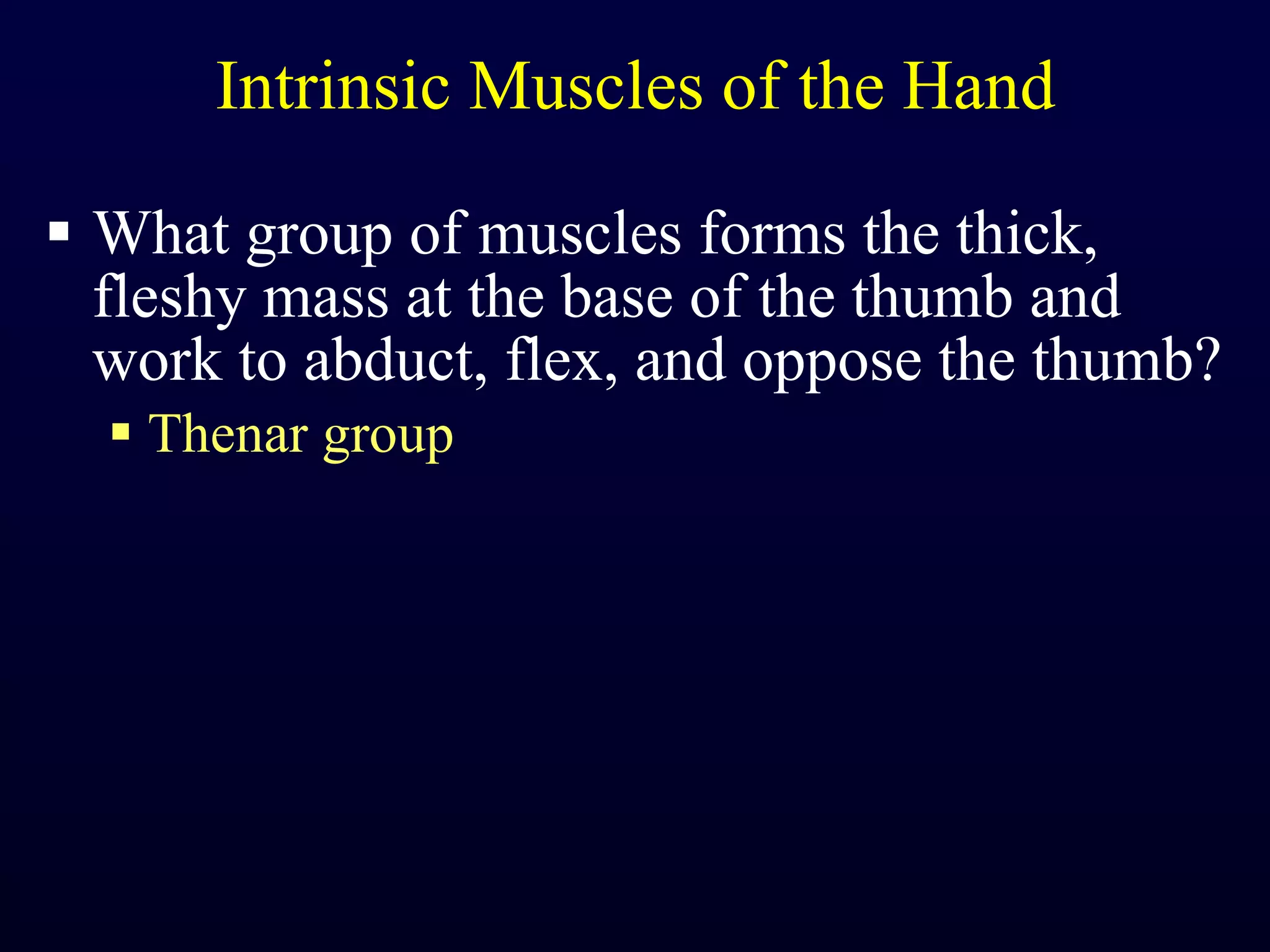 Intrinsic Muscles of the Hand What group of muscles forms the thick, fleshy mass at the base of the thumb and work to abduct, flex, and oppose the thumb? Thenar group 