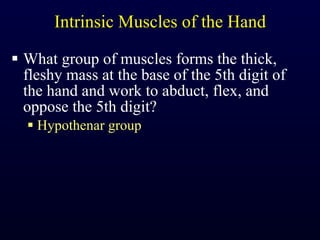 Intrinsic Muscles of the Hand What group of muscles forms the thick, fleshy mass at the base of the 5th digit of the hand and work to abduct, flex, and oppose the 5th digit? Hypothenar group 