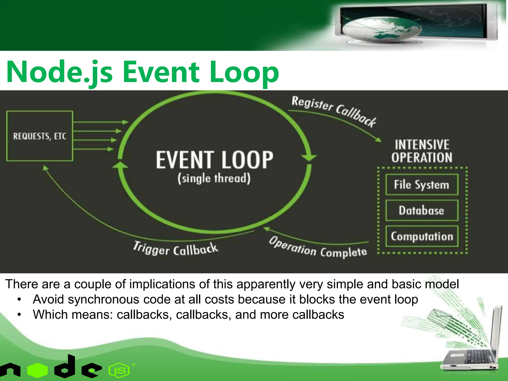 Node.js Event Loop
There are a couple of implications of this apparently very simple and basic model
• Avoid synchronous code at all costs because it blocks the event loop
• Which means: callbacks, callbacks, and more callbacks
 