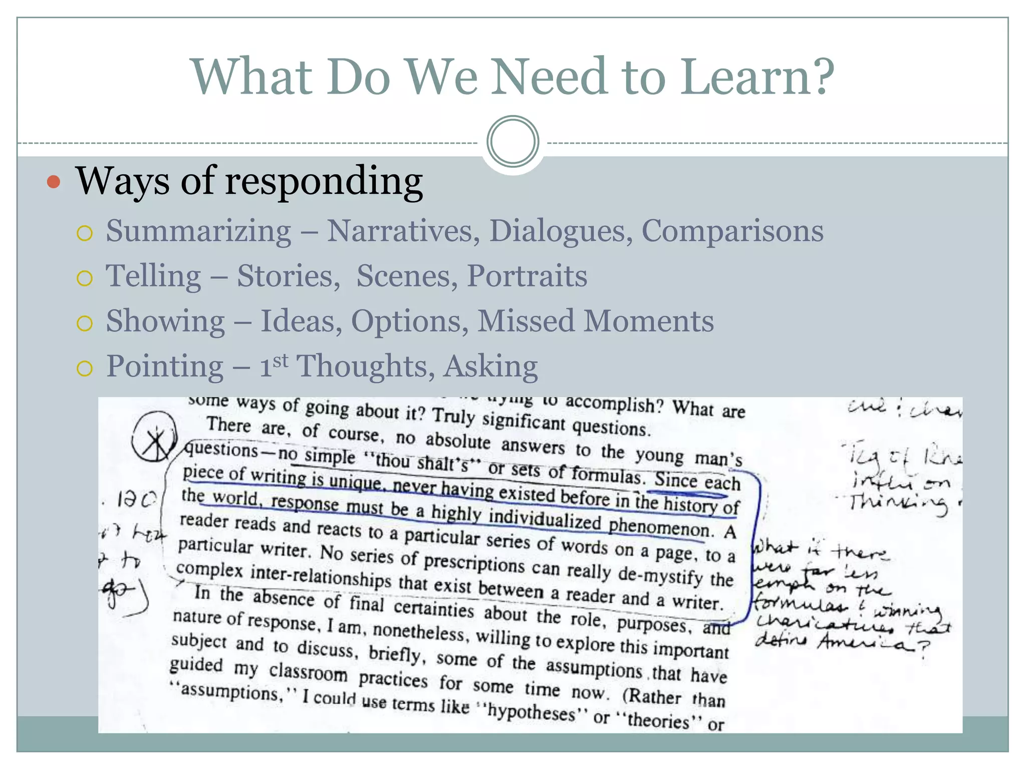 What Do We Need to Learn?Ways of respondingSummarizing – Narratives, Dialogues, ComparisonsTelling – Stories,  Scenes, Portraits Showing – Ideas, Options, Missed MomentsPointing – 1st Thoughts, Asking