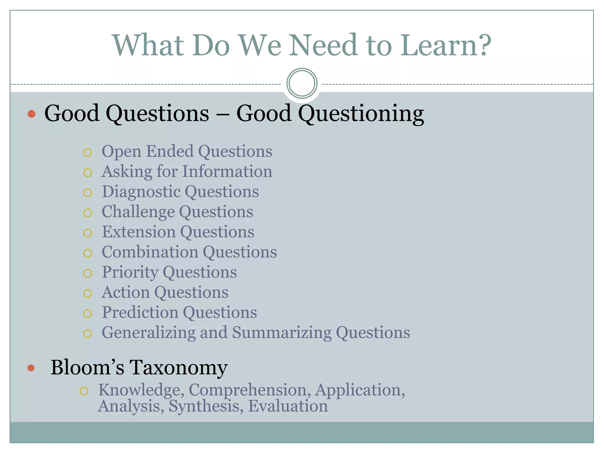 What Do We Need to Learn?Good Questions – Good QuestioningOpen Ended Questions Asking for Information Diagnostic Questions Challenge Questions Extension Questions Combination Questions Priority Questions Action Questions Prediction Questions Generalizing and Summarizing Questions Bloom’s TaxonomyKnowledge, Comprehension, Application, Analysis, Synthesis, Evaluation