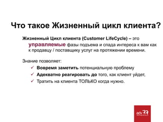 Что такое Жизненный цикл клиента?
Жизненный Цикл клиента (Customer LifeCycle) – это
управляемые фазы подъема и спада интереса к вам как
к продавцу / поставщику услуг на протяжении времени.
Знание позволяет:
ü  Вовремя заметить потенциальную проблему
ü  Адекватно реагировать до того, как клиент уйдет,
ü  Тратить на клиента ТОЛЬКО когда нужно.

 