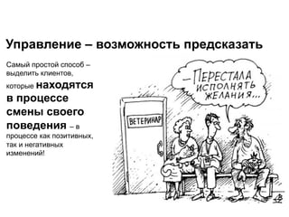 Управление – возможность предсказать
Самый простой способ –
выделить клиентов,
которые находятся

в процессе
смены своего
поведения – в
процессе как позитивных,
так и негативных
изменений!

 