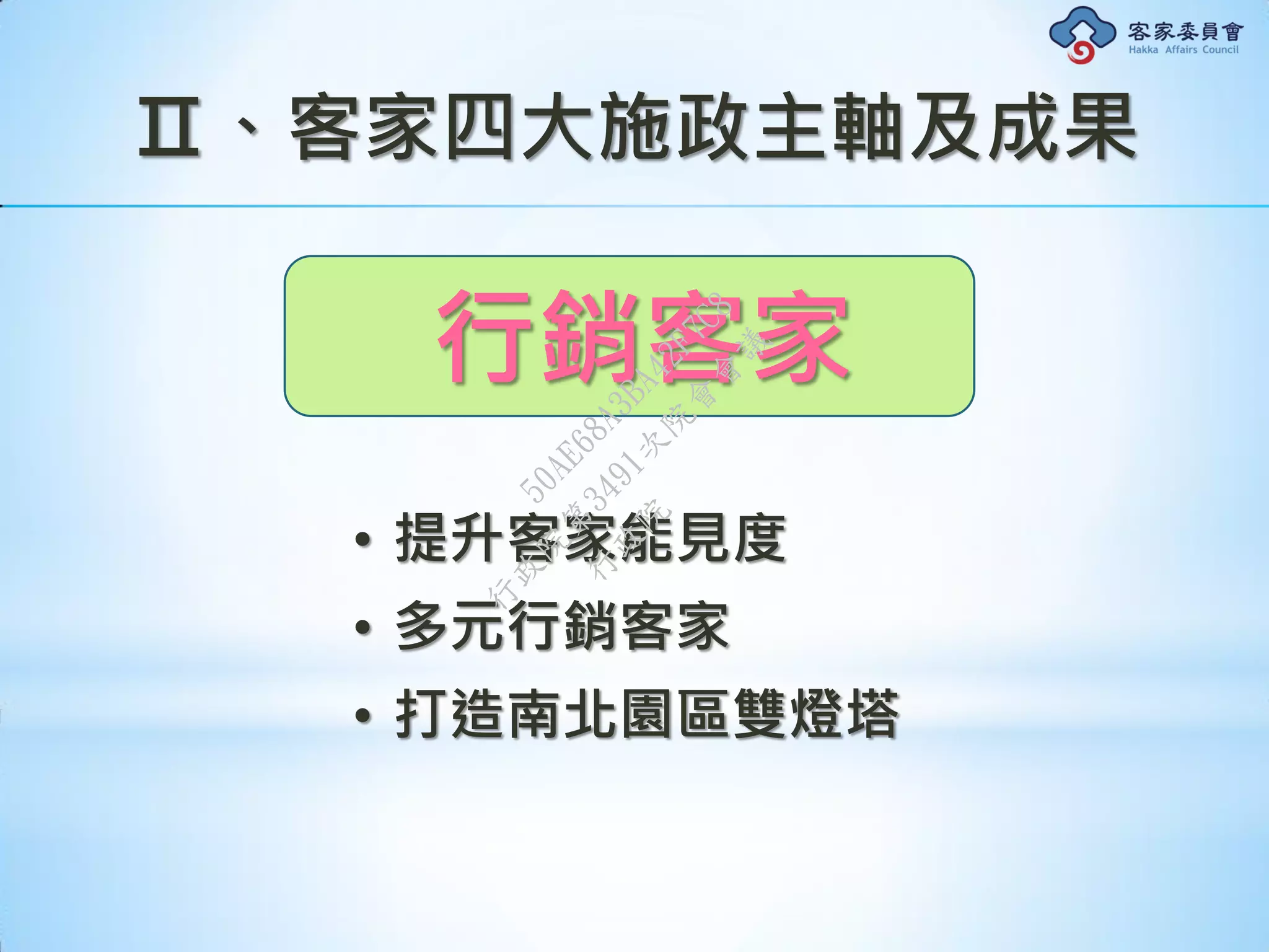 Ⅱ、客家四大施政主軸及成果
行銷客家
• 提升客家能見度
• 多元行銷客家
• 打造南北園區雙燈塔
行
政
院
行
政
院
第
3491次
院
會
會
議
50AE68A3BA42F7C8
 