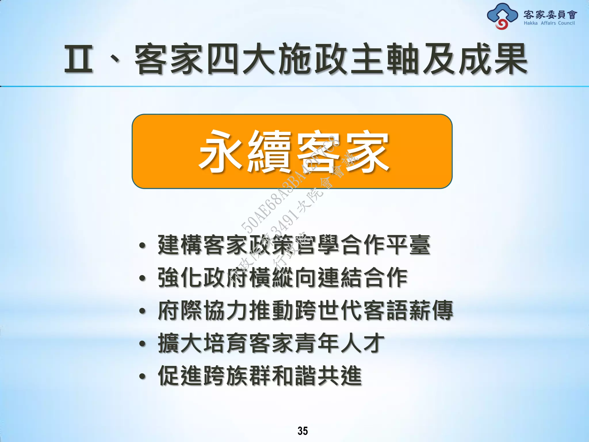 Ⅱ、客家四大施政主軸及成果
永續客家
• 建構客家政策官學合作平臺
• 強化政府橫縱向連結合作
• 府際協力推動跨世代客語薪傳
• 擴大培育客家青年人才
• 促進跨族群和諧共進
35
行
政
院
行
政
院
第
3491次
院
會
會
議
50AE68A3BA42F7C8
 