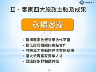 Ⅱ、客家四大施政主軸及成果
永續客家
• 建構客家政策官學合作平臺
• 強化政府橫縱向連結合作
• 府際協力推動跨世代客語薪傳
• 擴大培育客家青年人才
• 促進跨族群和諧共進
35
行
政
院
行
政
院
第
3491次
院
會
會
議
50AE68A3BA42F7C8
 