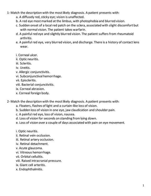 18 ophthalmology match diagnosis and signs