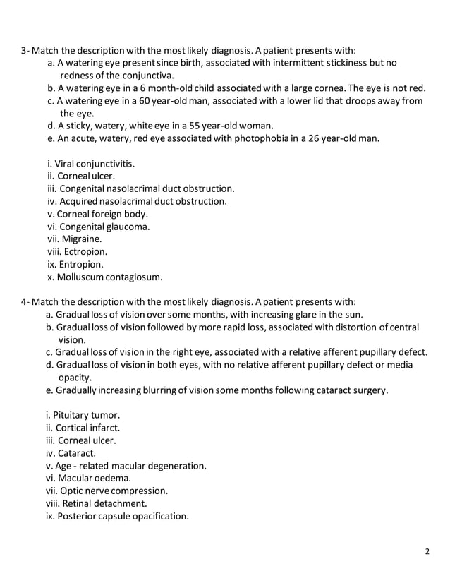 18 ophthalmology match diagnosis and signs