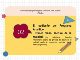 02
Comunidad de Aprendizaje de Educación para Jóvenes
y Adultos
El codiseño del Programa
Analítico:
Primer plano: lectura de la
realidad: Los colectivos docentes
reflexionarán acerca del proceso de lectura de la
realidad desde la perspectiva curricular de la
NEM. (diagnóstico)
 