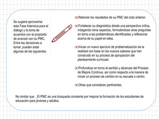 Se sugiere aprovechar
esta Fase Intensiva para el
diálogo y la toma de
acuerdos con el propósito
de avanzar con su PMC.
Entre las decisiones a
tomar, pueden estar
algunas de las siguientes:
∞Retomar los resultados de su PMC del ciclo anterior.
∞Fortalecer su diagnóstico desde una perspectiva crítica,
indagando otros aspectos, formulándose otras preguntas
en torno a las problemáticas identificadas y reflexionar
acerca de su papel en ellas.
∞Iniciar un nuevo ejercicio de problematización de la
realidad con base en los nuevos saberes que han
construido en su proceso de apropiación del
planteamiento curricular.
∞Profundizar en torno al sentido y alcances del Proceso
de Mejora Continua, así como respecto a la manera de
iniciar un proceso de cambio en su escuela o centro.
∞Otras que consideren pertinentes.
No olvidar que…El PMC es una búsqueda constante por mejorar la formación de los estudiantes de
educación para jóvenes y adultos.
 