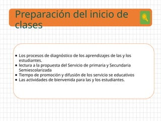 ● Los procesos de diagnóstico de los aprendizajes de las y los
estudiantes.
● lectura a la propuesta del Servicio de primaria y Secundaria
Semiescolarizada
● Tiempo de promoción y difusión de los servicio se educativos
● Las actividades de bienvenida para las y los estudiantes.
Preparación del inicio de
clases
 