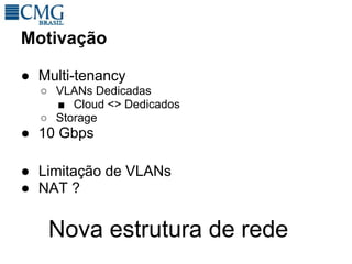 Motivação

● Multi-tenancy
  ○ VLANs Dedicadas
    ■ Cloud <> Dedicados
  ○ Storage
● 10 Gbps

● Limitação de VLANs
● NAT ?


   Nova estrutura de rede
 