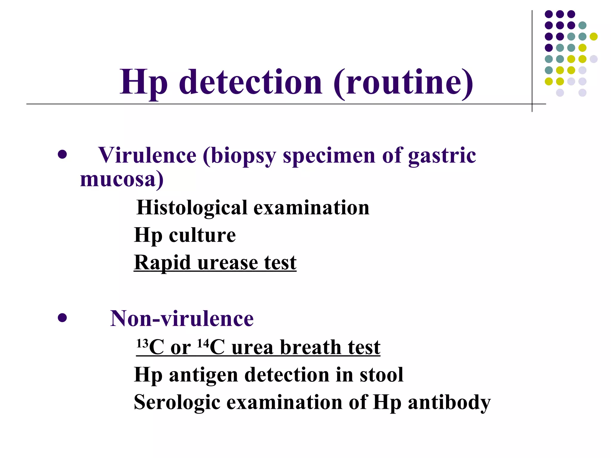 Virulence (biopsy specimen of gastric mucosa)   Histological examination Hp culture Rapid urease test Non-virulence  13 C or  14 C urea breath test Hp antigen detection in stool Serologic examination of Hp antibody Hp detection (routine) 