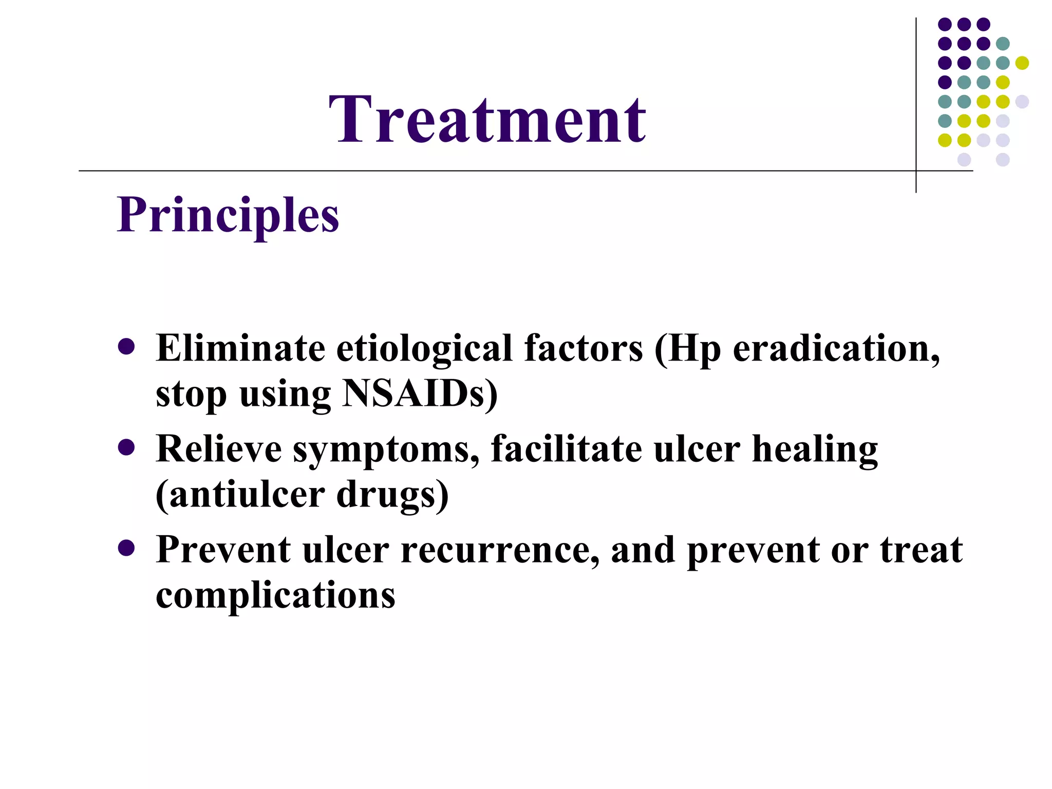 Treatment Principles Eliminate etiological factors (Hp eradication, stop using NSAIDs) Relieve symptoms, facilitate ulcer healing (antiulcer drugs) Prevent ulcer recurrence, and prevent or treat complications 