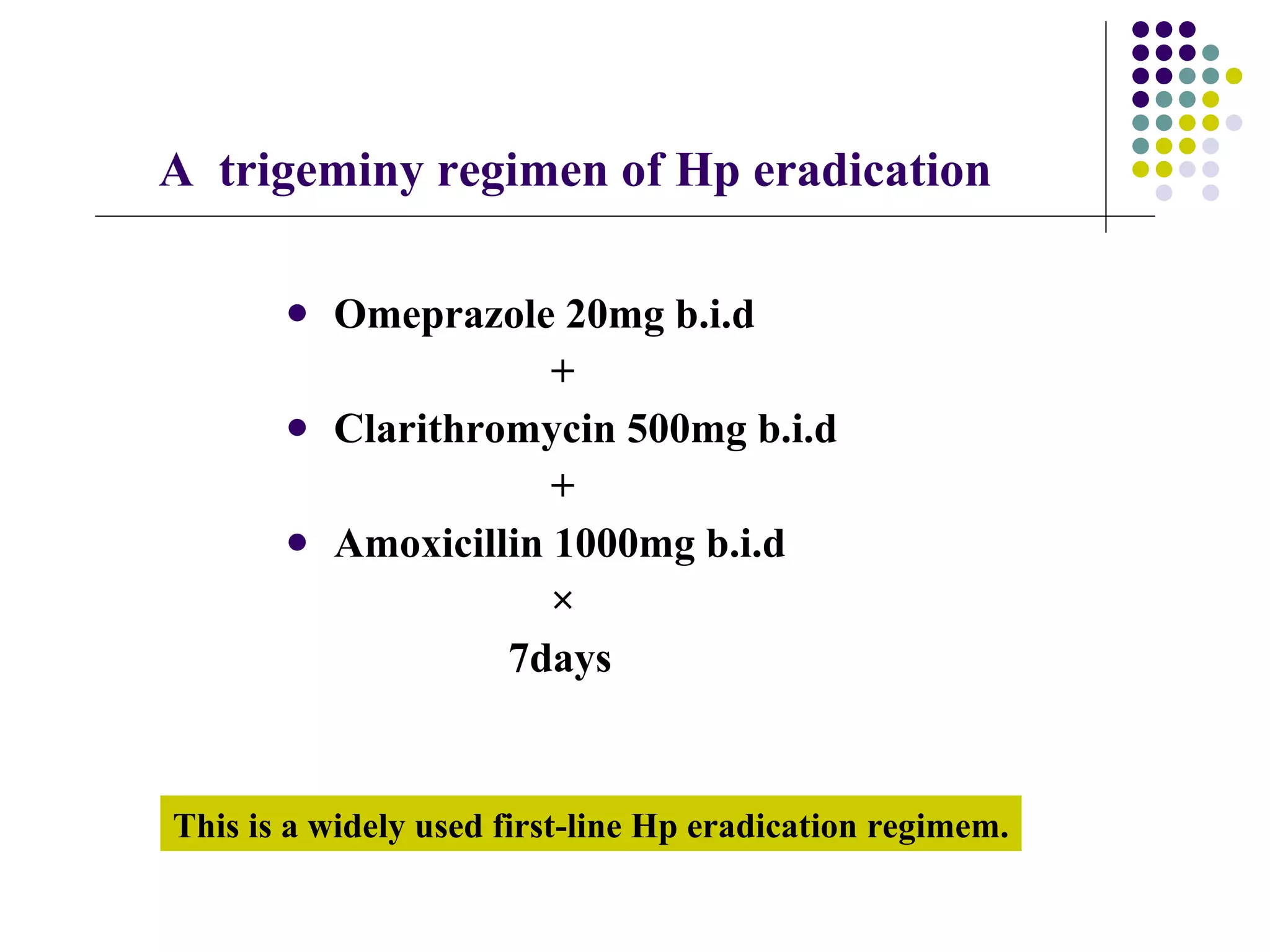 Omeprazole 20mg b.i.d + Clarithromycin 500mg b.i.d + Amoxicillin 1000mg b.i.d × 7days A  trigeminy regimen of Hp eradication This is a widely used first-line Hp eradication regimem. 