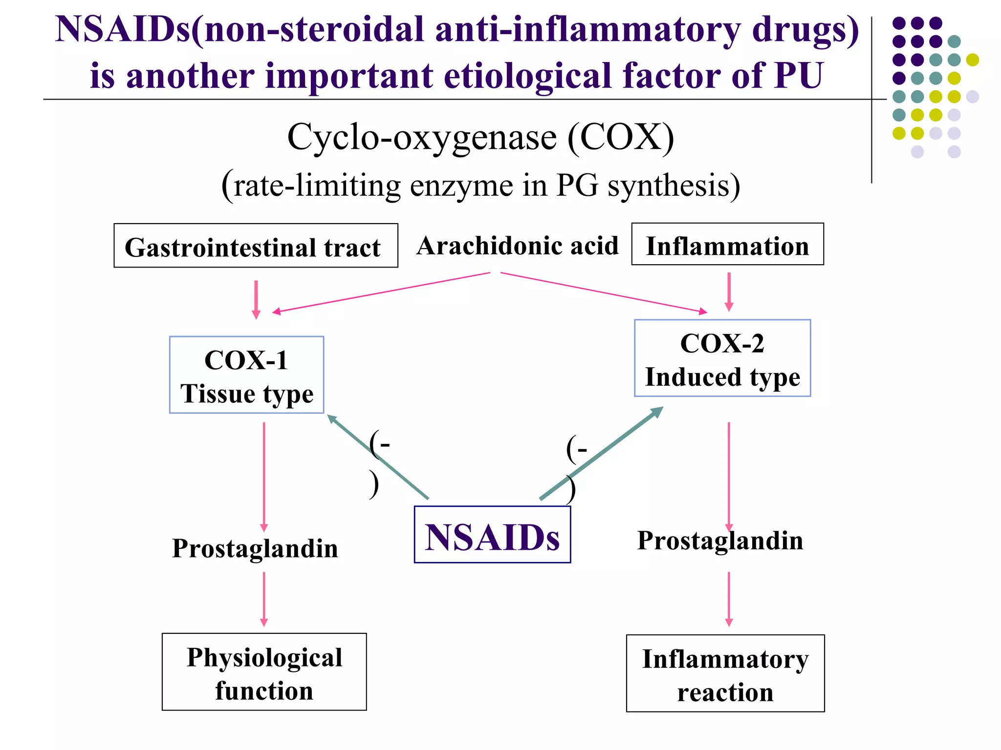 Cyclo-oxygenase  (COX) ( rate-limiting enzyme in PG synthesis) Arachidonic acid COX-1 Tissue type COX-2 Induced type NSAIDs Prostaglandin NSAIDs(non-steroidal anti-inflammatory drugs) is another important etiological factor of PU (-) (-) Prostaglandin Gastrointestinal tract  Physiological function Inflammation Inflammatory reaction 