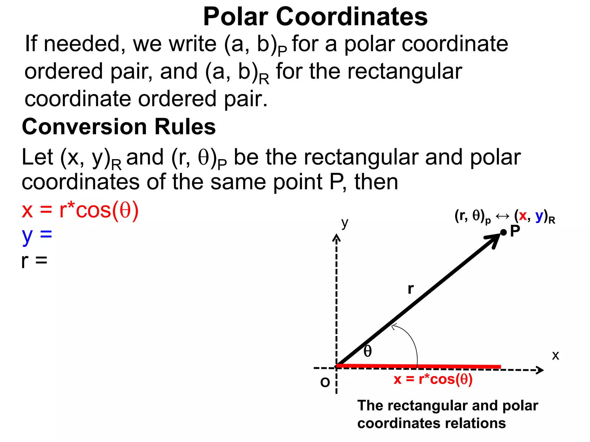 Polar Coordinates
Conversion Rules
Let (x, y)R and (r, )P be the rectangular and polar
coordinates of the same point P, then
P
x
y

r
O x = r*cos()
The rectangular and polar
coordinates relations
x = r*cos()
y =
r =
If needed, we write (a, b)P for a polar coordinate
ordered pair, and (a, b)R for the rectangular
coordinate ordered pair.
(r, )p ↔ (x, y)R
 