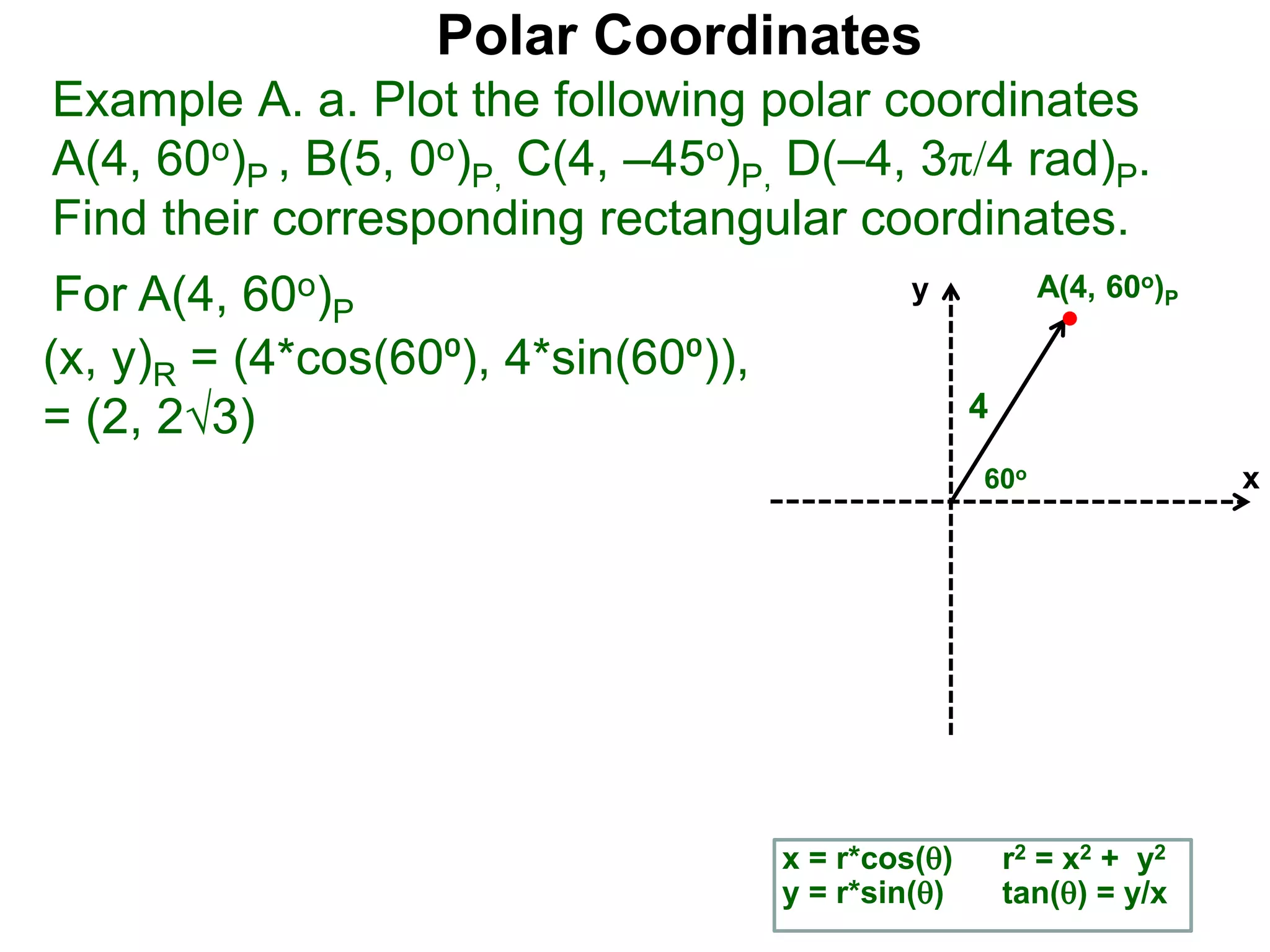 Polar Coordinates
Example A. a. Plot the following polar coordinates
A(4, 60o)P , B(5, 0o)P, C(4, –45o)P, D(–4, 3π/4 rad)P.
Find their corresponding rectangular coordinates.
For A(4, 60o)P
x = r*cos()
y = r*sin()
(x, y)R = (4*cos(60⁰), 4*sin(60⁰)),
= (2, 23)
r2 = x2 + y2
tan() = y/x
x
y
60o
4
A(4, 60o)P
 