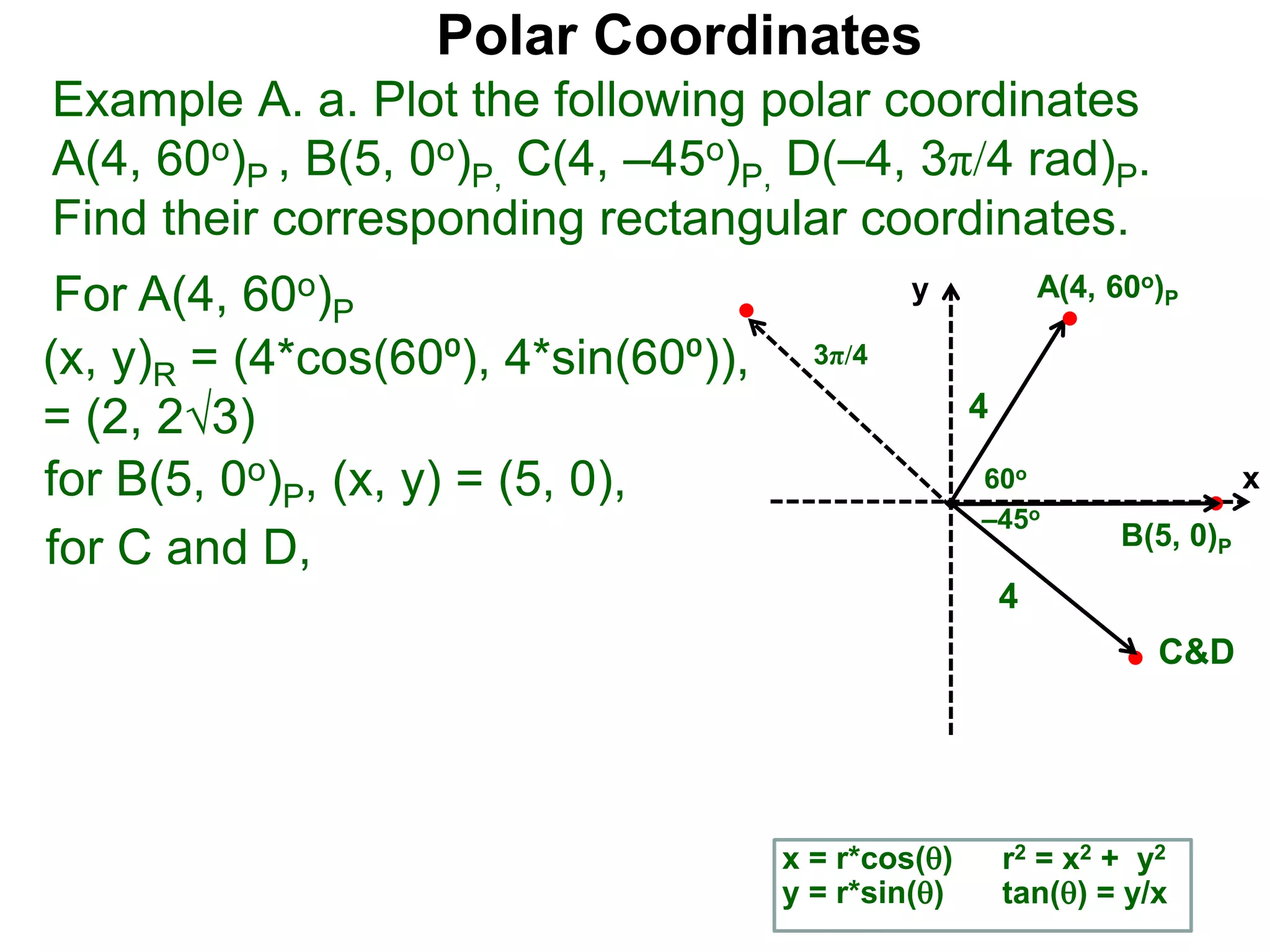 Polar Coordinates
Example A. a. Plot the following polar coordinates
A(4, 60o)P , B(5, 0o)P, C(4, –45o)P, D(–4, 3π/4 rad)P.
Find their corresponding rectangular coordinates.
x
y
60o
4
For A(4, 60o)P
x = r*cos()
y = r*sin()
for B(5, 0o)P, (x, y) = (5, 0),
for C and D,
A(4, 60o)P
B(5, 0)P
4
r2 = x2 + y2
tan() = y/x
–45o
3π/4
C&D
(x, y)R = (4*cos(60⁰), 4*sin(60⁰)),
= (2, 23)
 