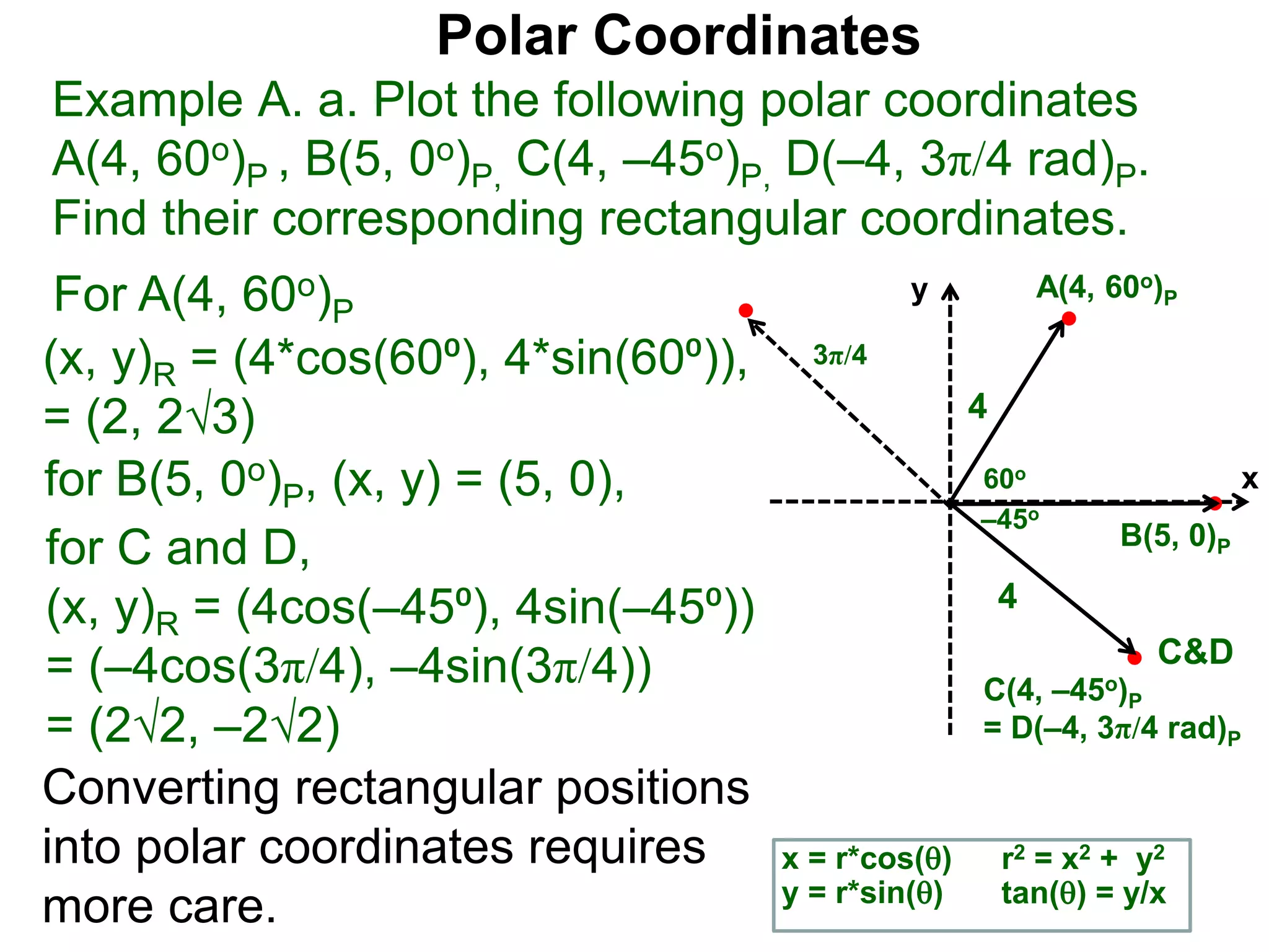 Polar Coordinates
Example A. a. Plot the following polar coordinates
A(4, 60o)P , B(5, 0o)P, C(4, –45o)P, D(–4, 3π/4 rad)P.
Find their corresponding rectangular coordinates.
x
y
60o
4
For A(4, 60o)P
x = r*cos()
y = r*sin()
for B(5, 0o)P, (x, y) = (5, 0),
for C and D,
(x, y)R = (4cos(–45⁰), 4sin(–45⁰))
= (–4cos(3π/4), –4sin(3π/4))
= (22, –22)
A(4, 60o)P
B(5, 0)P
C(4, –45o)P
= D(–4, 3π/4 rad)P
4
Converting rectangular positions
into polar coordinates requires
more care.
r2 = x2 + y2
tan() = y/x
–45o
3π/4
C&D
(x, y)R = (4*cos(60⁰), 4*sin(60⁰)),
= (2, 23)
 