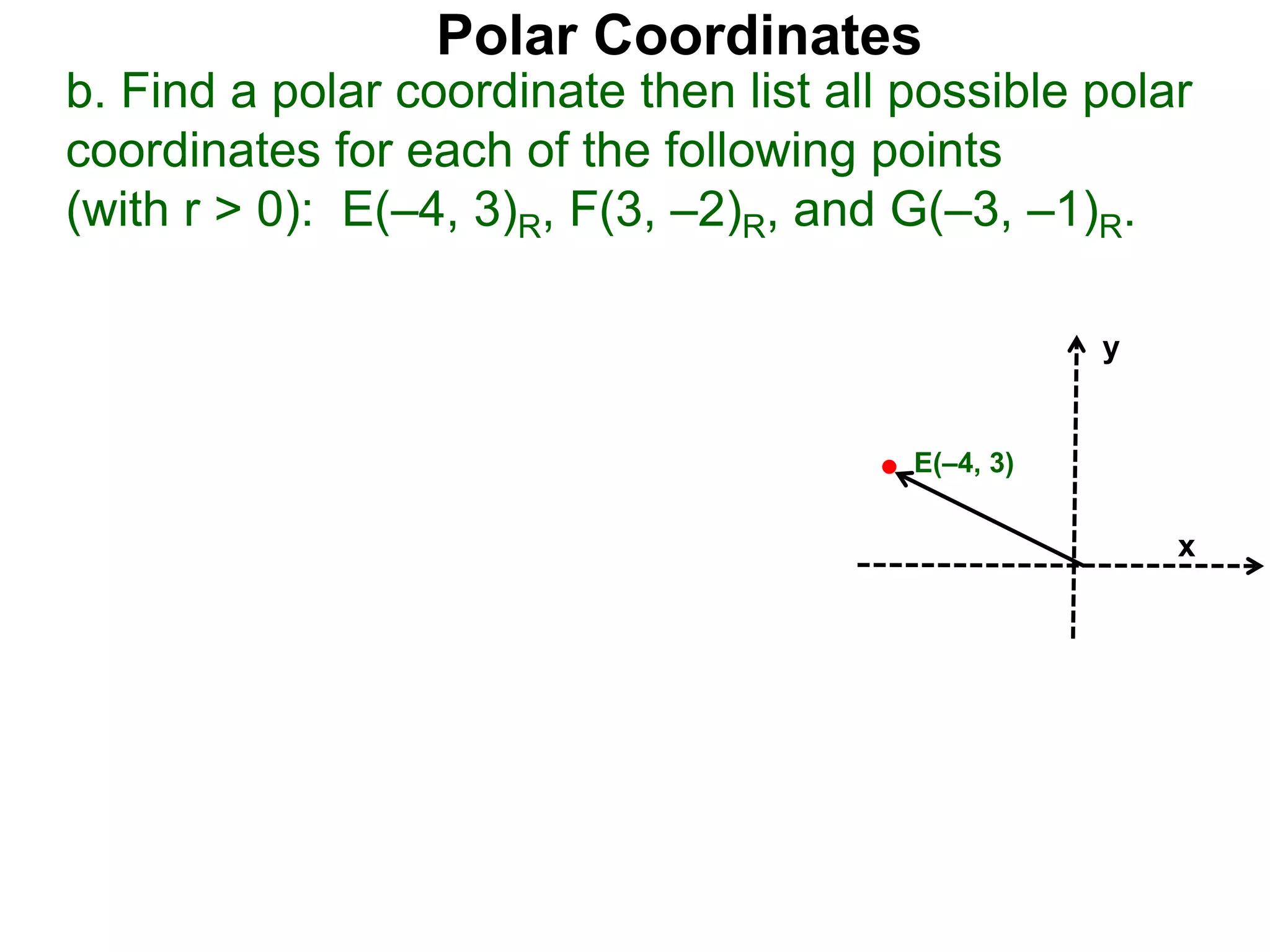 Polar Coordinates
b. Find a polar coordinate then list all possible polar
coordinates for each of the following points
(with r > 0): E(–4, 3)R, F(3, –2)R, and G(–3, –1)R.
x
y
E(–4, 3)
 
