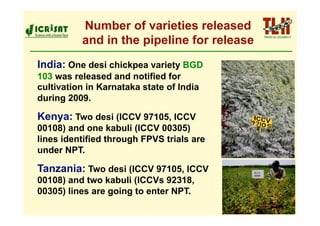 Number of varieties released
          and in the pipeline for release
India: One desi chickpea variety BGD
103 was released and notified for
cultivation in Karnataka state of India
during 2009.

Kenya: Two desi (ICCV 97105, ICCV
00108) and one kabuli (ICCV 00305)
lines identified through FPVS trials are
under NPT.

Tanzania: Two desi (ICCV 97105, ICCV
00108) and two kabuli (ICCVs 92318,
00305) lines are going to enter NPT.
 