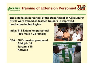 Training of Extension Personnel

The extension personnel of the Department of Agriculture/
NGOs were trained as Master Trainers in improved
production technologies

India: 413 Extension personnel
       (389 male + 24 female)

ESA: 36 Extension personnel
     Ethiopia 10
     Tanzania 18
     Kenya 8
 