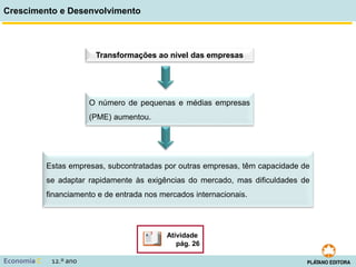 Crescimento e Desenvolvimento
Economia C 12.º ano
O número de pequenas e médias empresas
(PME) aumentou.
Estas empresas, subcontratadas por outras empresas, têm capacidade de
se adaptar rapidamente às exigências do mercado, mas dificuldades de
financiamento e de entrada nos mercados internacionais.
Atividade
pág. 26
Transformações ao nível das empresas
 