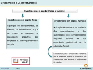 Crescimento e Desenvolvimento
Economia C 12.º ano
Investimento em capital (físico e humano)
Investimento em capital físico
Aquisição de equipamentos, de
viaturas, de infraestrutura, o que
dá origem ao aumento da
capacidade produtiva das
empresas e, consequentemente,
do país.
Investimento em capital humano
Aplicação de recursos na melhoria
dos conhecimentos e das
qualificações que os trabalhadores
adquirem através da sua
experiência profissional ou da
educação formal.
Fundamental para o crescimento económico,
pois é necessário investir na qualificação dos
trabalhadores para aumentar a produtividade
do trabalho.
Atividade
pág. 21
 