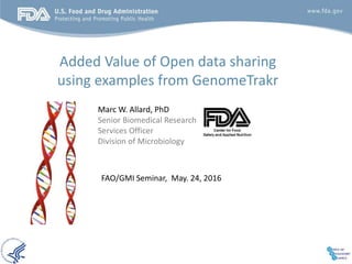 Added Value of Open data sharing
using examples from GenomeTrakr
Marc W. Allard, PhD
Senior Biomedical Research
Services O...
