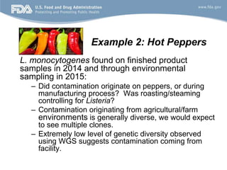 Example 2: Hot Peppers
L. monocytogenes found on finished product
samples in 2014 and through environmental
sampling in 20...