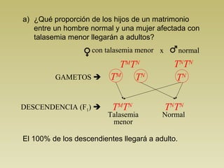 a) ¿Qué proporción de los hijos de un matrimonio 
entre un hombre normal y una mujer afectada con 
talasemia menor llegarán a adultos? 
con talasemia menor x normal 
TMTN 
GAMETOS  TM 
DESCENDENCIA (F1)  
TNTN 
TN TN 
TMTN TNTN 
Talasemia 
menor 
Normal 
El 100% de los descendientes llegará a adulto. 
 