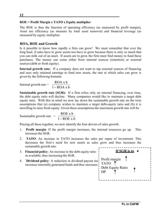 12
FL in CAFM
akes additional debt financing
reases the retention ratio. This
the SGR.
ROE = Profit Margin x TATO x Equity multiplier
The ROE is thus the function of operating efficiency (as measured by profit margin),
Asset use efficiency (as measure by total asset turnover) and financial leverage (as
measured by equity multiplier.
ROA, ROE and Growth
Is it possible to know how rapidly a firm can grow! We must remember that over the
long haul, if sales have to grow assets too have to grow because there is only so much that
you can milk out of an asset. If assets are to grow the firm must find money to fund these
purchases. The money can come either from internal sources (retention) or external
sources (debt or fresh equity).
Internal growth rate: If a company does not want to tap external sources of financing
and uses only retained earnings to fund new assets, the rate at which sales can grow is
given by the following formula:
ROA x b
Internal growth rate =
1 ROA x b
Sustainable growth rate (SGR): If a firm relies only on internal financing, over time,
the debt equity ratio will decline. Many companies would like to maintain a target debt
equity ratio. With this in mind we now lay down the sustainable growth rate on the twin
assumptions that (a) company wishes to maintain a target debt-equity ratio and (b) it is
unwilling to raise fresh equity. Given these assumptions the maximum growth rate will be
ROE x b
Sustainable growth rate =
1 ROE x b
Piecing all these together, we now identify the four drivers of sales growth.
1. Profit margin: If the profit margin increases, the internal resources go up. This
increases the SGR.
2. TATO: An increase in TATO increases the sales per rupee of investment. This
decreases the firm’s need for new assets as sales grow and thus increases the
sustainable growth rate.
3. Financial policy: An increase in the debt equity ratio
m available, thus increasing the SGR.
4. `Dividend policy: A reduction in dividend payout inc
increases internally generated funds and thus increases
If SGR is to
Profit margin
TATO
Debt Equity Ratio
DP
 