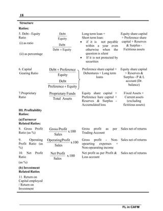 18
FL in CAFM
Structure
Ratios:
5. Debt - Equity
Ratio
(i) as ratio
(ii) as percentage
Debt
Equity
Debt
Debt  Equity
Long term loan +
Short term loan:
 if it is not payable
within a year even
otherwise when the
question is silent
 If it is not protected by
securities
Equity share capital
+ Preference share
capital + Reserves
& Surplus -
Fictitious assets
6. Capital Debt  Preference Preference share capital + Equity share capital
Gearing Ratio
Equity
Debt
Preference  Equity
Debentures + Long term
loans
+ Reserves &
Surplus - P & L
account (Dr.
balance)
7.Proprietary Proprietary Funds Equity share capital + Fixed Assets +
Ratio
III. Profitability
Ratios:
(a)Turnover
Related Ratios:
Total Assets Preference hare capital +
Reserves & Surplus -
Accumulated loss
Current assets
(excluding
fictitious assets)
8. Gross Profit
Ratio (as %)
Gross Profit
Sales
x100
Gross profit as per
Trading Account
Sales net of returns
9. Operating
Profit Ratio (as
%)
10. Net Profit
OperatingProfit
Sales
Net Profit
x100
Gross profit - Non-
opearting expenses +
Non-opearating income
Net profit as per Profit &
Sales net of returns
Sales net of returns
Ratio
(as %)
(b) Investment
Related Ratios
11. Return on
Capital employed
/ Return on
Investment
Sales
x100 Loss account
 