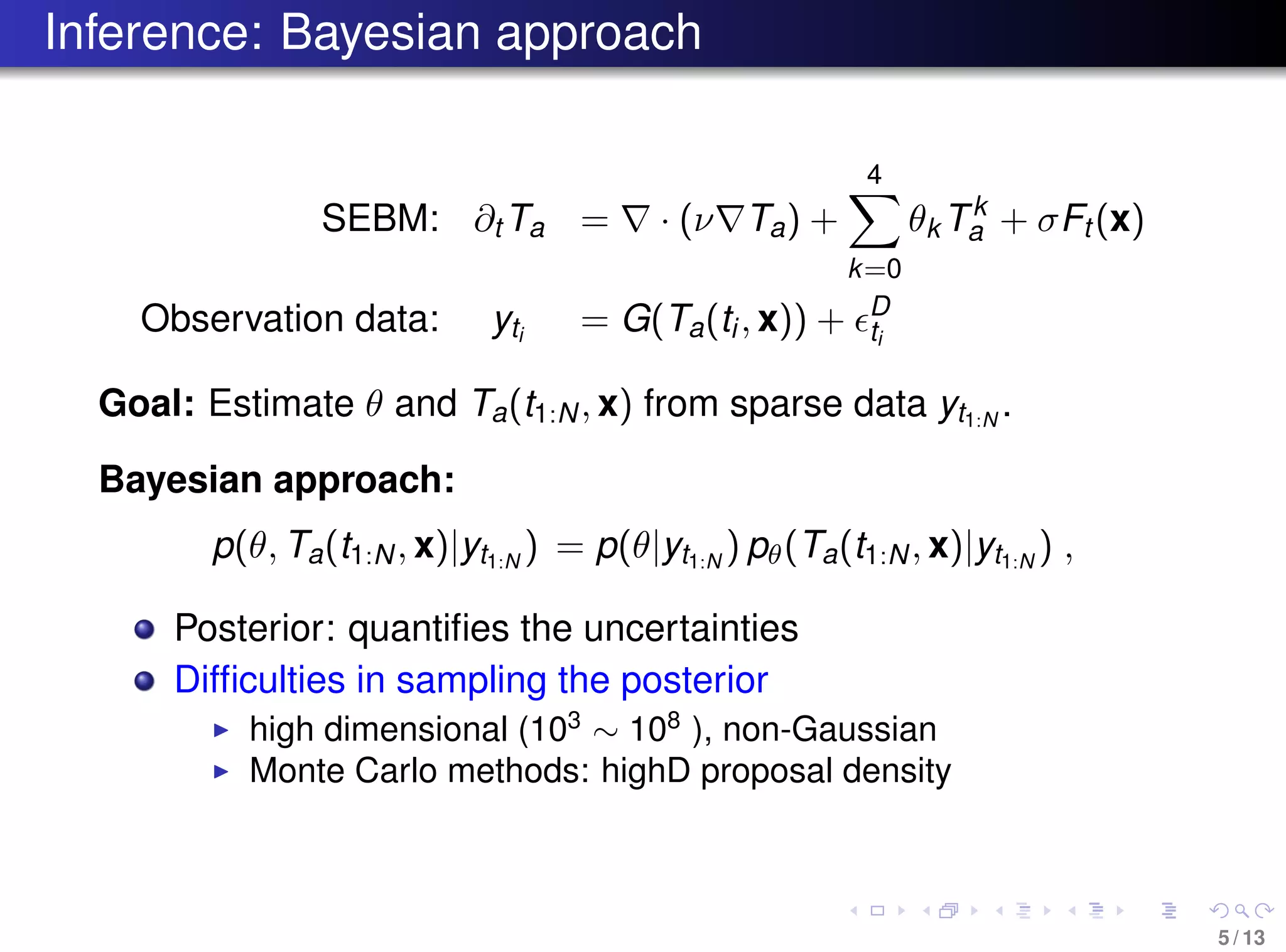 Inference: Bayesian approach
SEBM: ∂t Ta = · (ν Ta) +
4
k=0
θk Tk
a + σFt (x)
Observation data: yti
= G(Ta(ti, x)) + D
ti
Goal: Estimate θ and Ta(t1:N, x) from sparse data yt1:N
.
Bayesian approach:
p(θ, Ta(t1:N, x)|yt1:N
) = p(θ|yt1:N
) pθ(Ta(t1:N, x)|yt1:N
) ,
Posterior: quantiﬁes the uncertainties
Difﬁculties in sampling the posterior
high dimensional (103
∼ 108
), non-Gaussian
Monte Carlo methods: highD proposal density
5 / 13
 