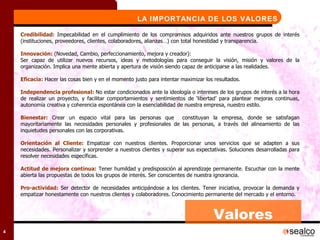 LA IMPORTANCIA DE LOS VALORES Credibilidad:  Impecabilidad en el cumplimiento de los compromisos adquiridos ante nuestros grupos de interés (instituciones, proveedores, clientes, colaboradores, alianzas…) con total honestidad y transparencia. Innovación:  (Novedad, Cambio, perfeccionamiento, mejora y creador): Ser capaz de utilizar nuevos recursos, ideas y metodologías para conseguir la visión, misión y valores de la organización. Implica una mente abierta y apertura de visión siendo capaz de anticiparse a las realidades. Eficacia:  Hacer las cosas bien y en el momento justo para intentar maximizar los resultados. Independencia profesional:  No estar condicionados ante la ideología o intereses de los grupos de interés a la hora de realizar un proyecto, y facilitar comportamientos y sentimientos de ‘libertad’ para plantear mejoras continuas, autonomía creativa y coherencia espontánea con la esenciabilidad de nuestra empresa, nuestro estilo.  Bienestar:  Crear un espacio vital para las personas que  constituyan la empresa, donde se satisfagan mayoritariamente las necesidades personales y profesionales de las personas, a través del alineamiento de las inquietudes personales con las corporativas. Orientación al Cliente:  Empatizar con nuestros clientes. Proporcionar unos servicios que se adapten a sus necesidades. Personalizar y sorprender a nuestros clientes y superar sus expectativas. Soluciones desarrolladas para resolver necesidades específicas. Actitud de mejora continua:  Tener humildad y predisposición al aprendizaje permanente. Escuchar con la mente abierta las propuestas de todos los grupos de interés. Ser conscientes de nuestra ignorancia. Pro-actividad:  Ser detector de necesidades anticipándose a los clientes. Tener iniciativa, provocar la demanda y empatizar honestamente con nuestros clientes y colaboradores. Conocimiento permanente del mercado y el entorno. Valores 